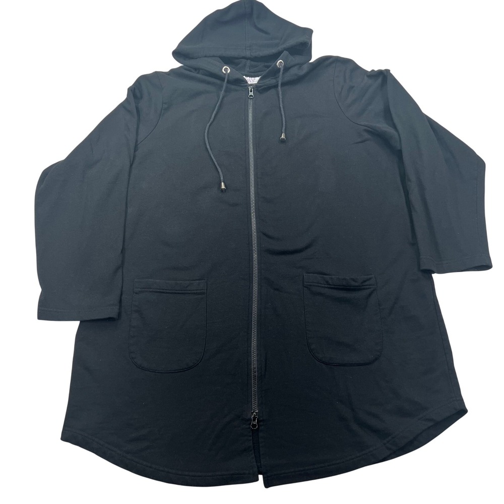 Roaman's Sweatshirt Tunic Hoodie Jacket Women 1X Black Patch Pockets Split Zip